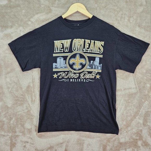 Black New Orleans Saints Football T-Shirt Who Dat I Believe Men's Size M Short - Picture 1 of 10